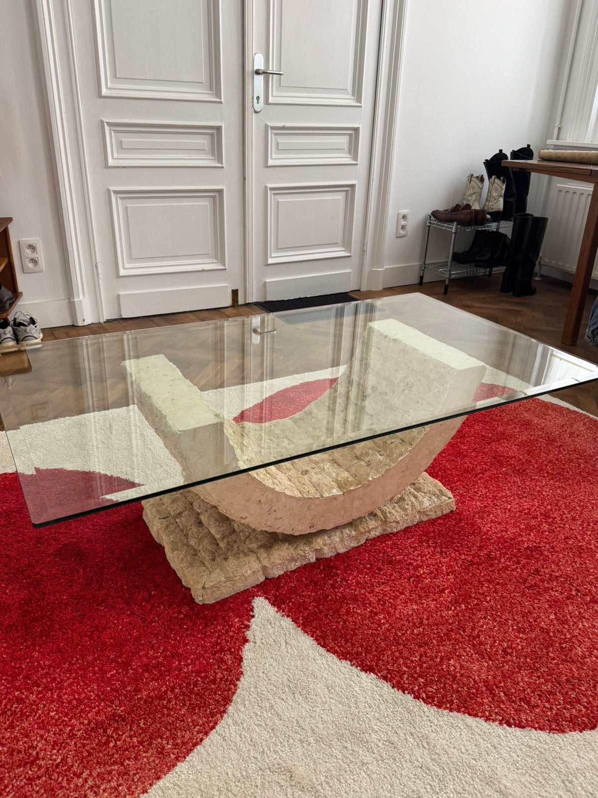 Table basse vintage en travertin + verre, Enlèvement, Utilisé, Verre