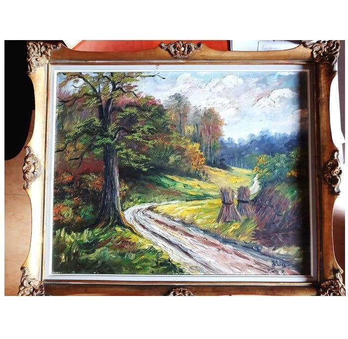 Huile sur toile – Paysage campagne – C. Ligot – 50 x 40 cm, Enlèvement, Utilisé