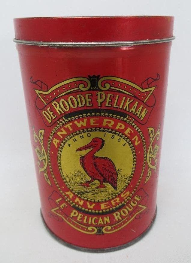 oude lege blikken doos De roode pelikaan  Antwerpen, Verzamelen, Blikken, Ophalen of Verzenden, Gebruikt, Koffie, Overige merken