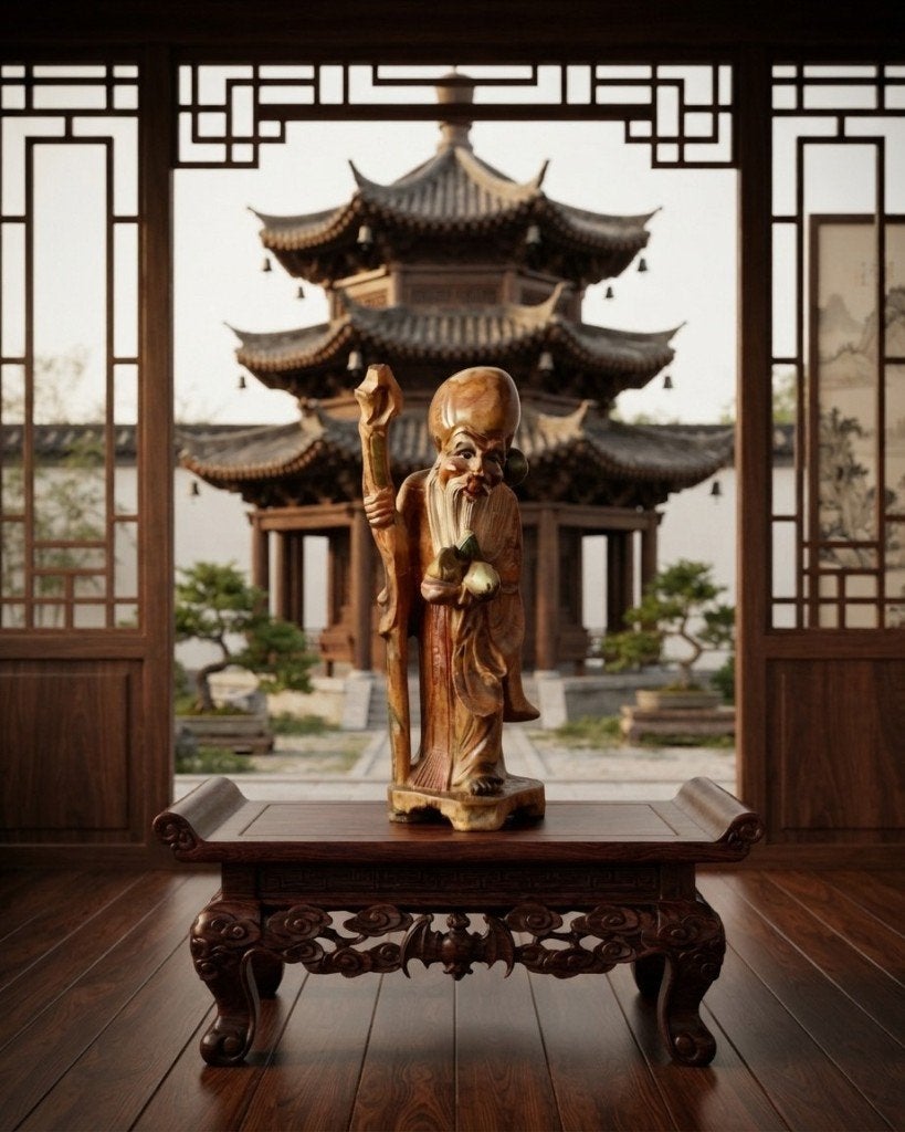Vintage Shou Xing (Shou Lao) houten beeld, Verzenden