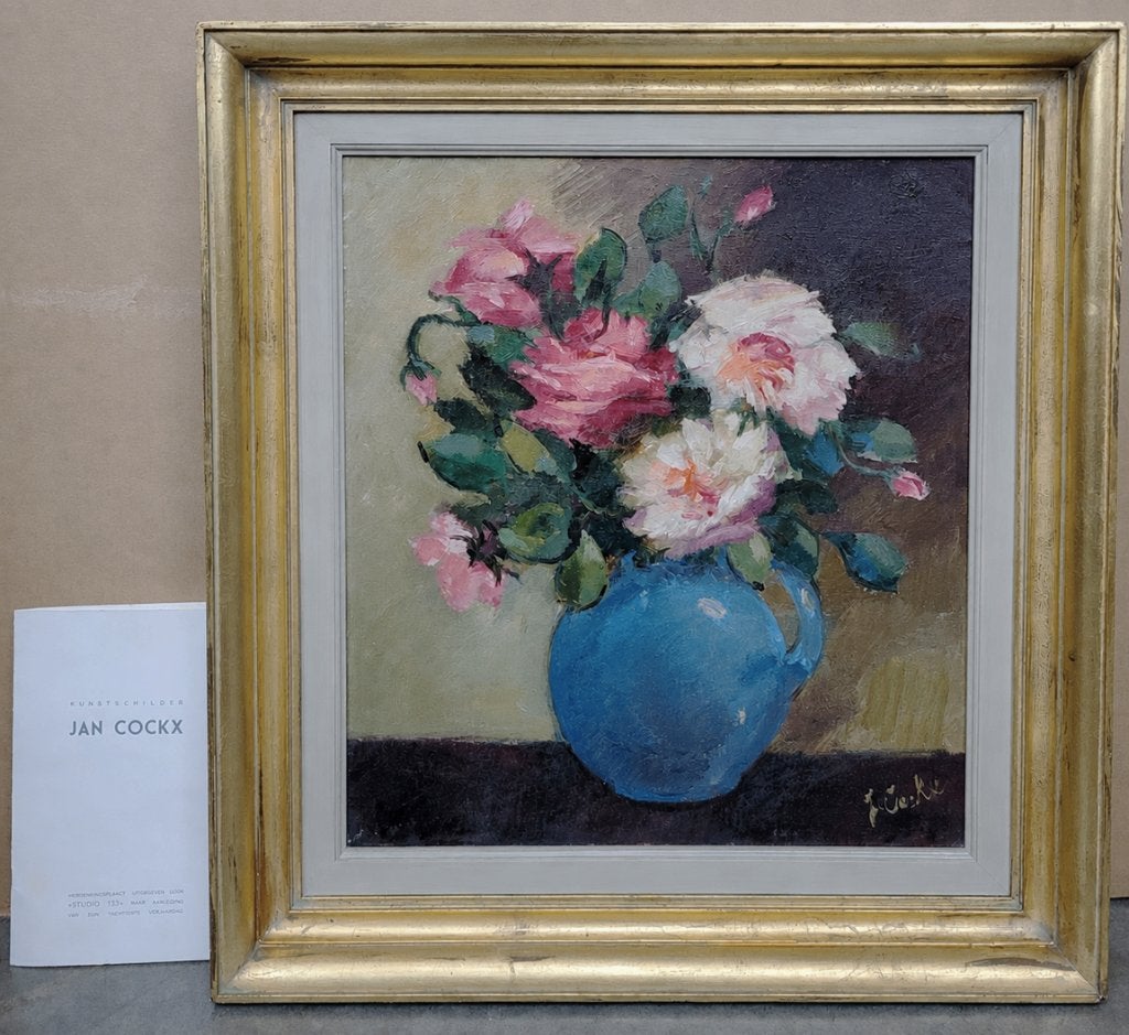 Jan COCKX, vaas met rozen, Antiquités & Art, Enlèvement ou Envoi, Signé, Peinture à l'huile, Toile