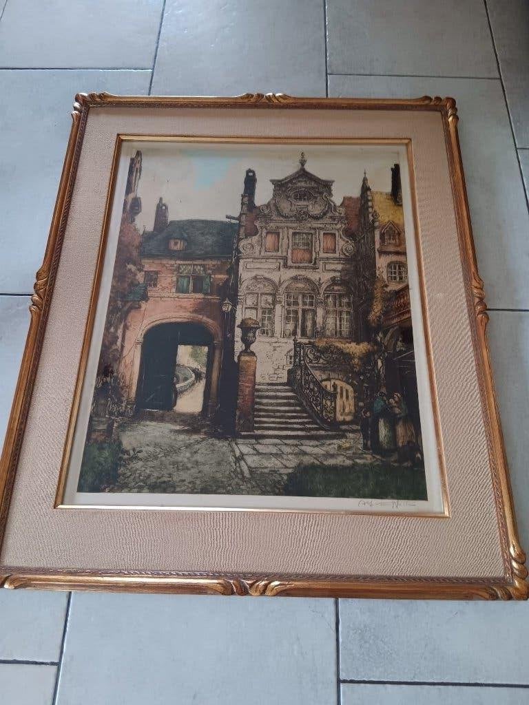ets gesigneerd Alfred van Neste ,maison du bailli, Antiek en Kunst, Ophalen of Verzenden, Ets, Gesigneerd