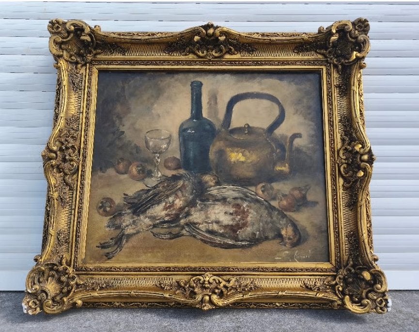 Huile sur toile nature morte signe Simone lienard, Antiquités & Art, Enlèvement, Paysage, Toile