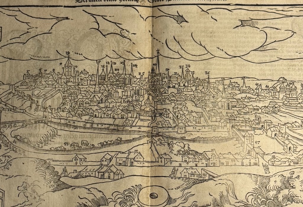 "Die Statt Puttiers" Poitiers Münster 1588, Cartografie, Ophalen of Verzenden, Houtsnede, 39 cm