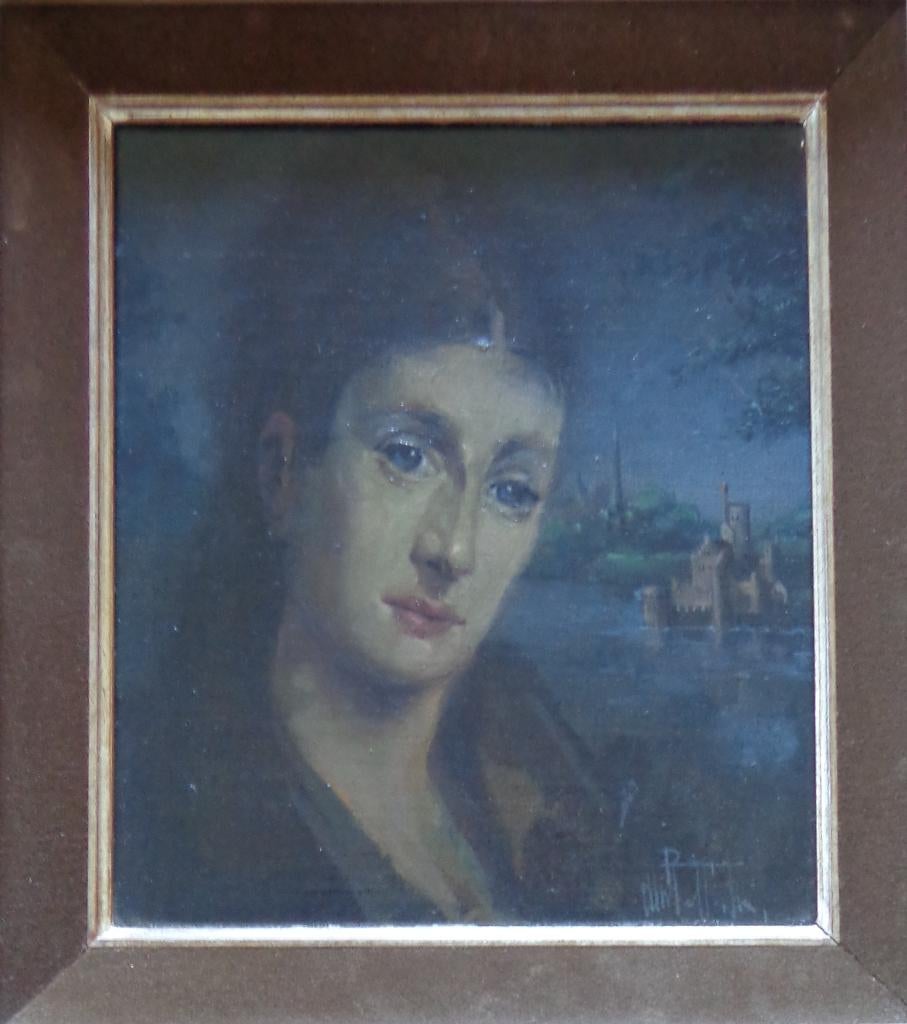 ROGER VAN BELLEGHEM / VROUWENPORTRET OLIEVERF 40x36cm KADER, Enlèvement ou Envoi, Signé, Peinture à l'huile