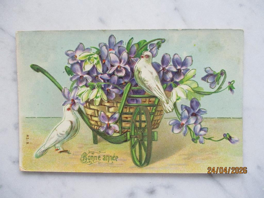 nieuwjaar kar mand bloemen duiven 1910, Verzenden, Voor 1920, Gelopen, Feest(dag)