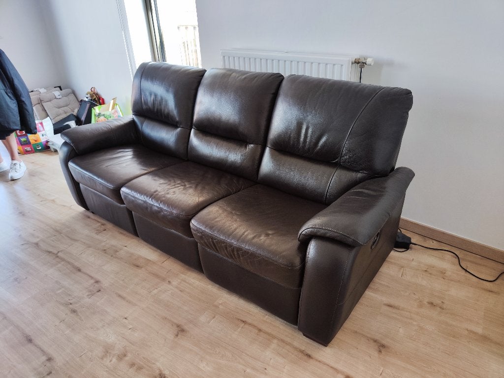 Lederen 3-zit elektrische relaxzetel chocoladebruin, Ophalen, Gebruikt, 100 tot 125 cm, Driepersoons