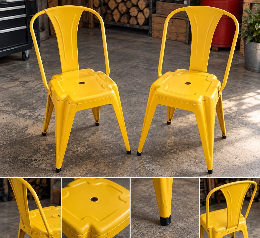 2 chaises industrielles métal jaune – style Tolix, Autres couleurs, Comme neuf, Deux, Enlèvement
