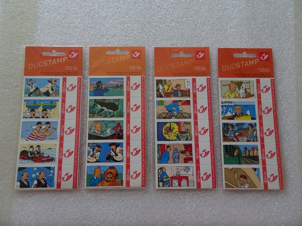 4 pakjes van 5 postzegels (Prior) Tintin - Hergé, Ophalen of Verzenden, Kuifje, Nieuw, Plaatje, Poster of Sticker