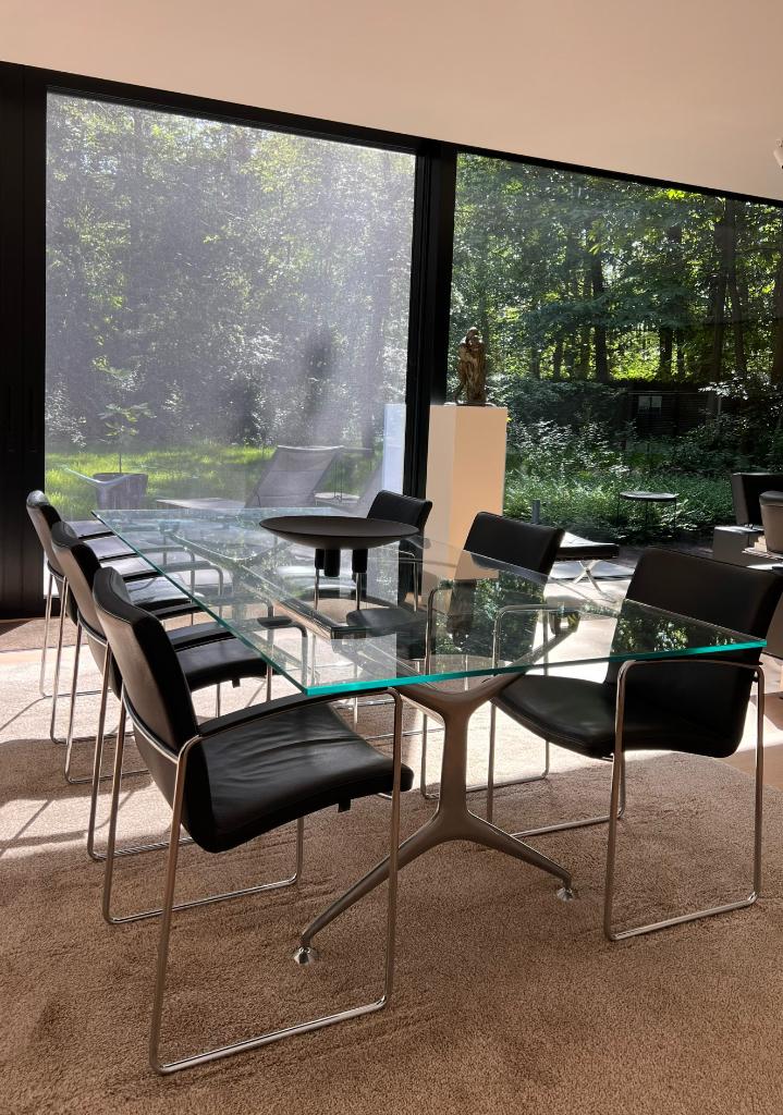 Leolux design eetkamer – glazen tafel + 8 stoelen, Huis en Inrichting, Tafels | Eettafels, Ophalen, Gebruikt, 100 tot 150 cm, Design