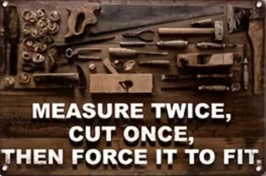 Houten reclamebord Measure twice cut onge - vintage mancave, Huis en Inrichting, Woonaccessoires | Tekstborden en Spreuken, Nieuw
