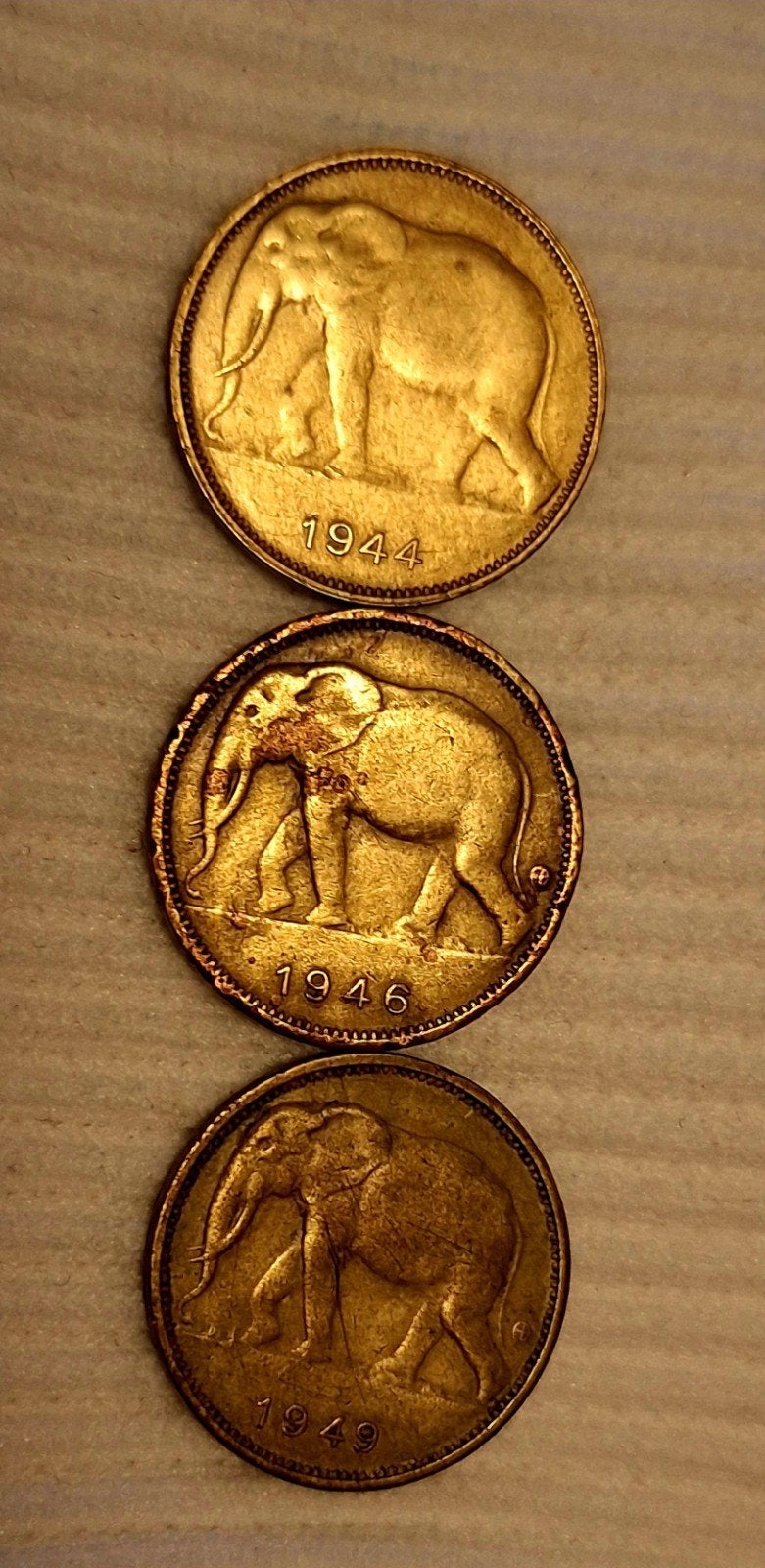 Set van 3 Koloniale Munten Belgisch-Congo (1944, 1946, 1949), Verzenden
