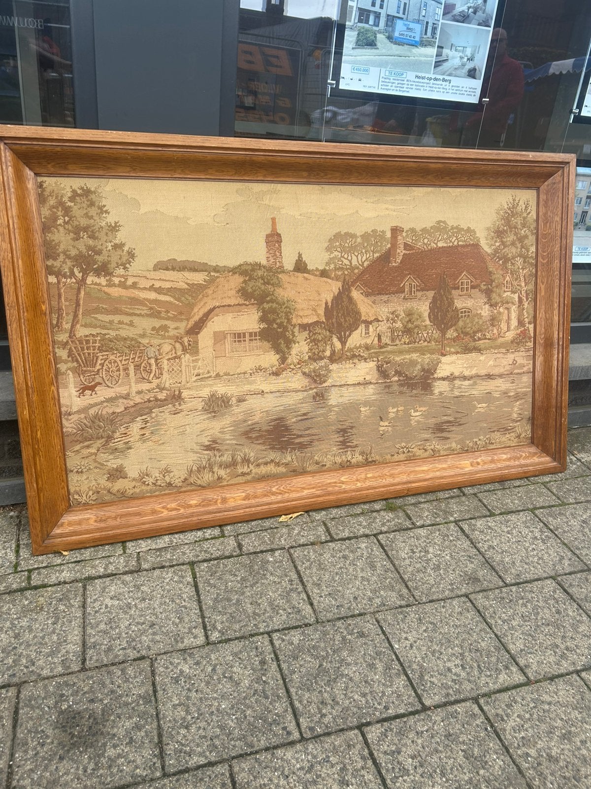 vintage gobelin-wandtapijt in een stevige, klassieke houten., Ophalen, Vintage, Doek