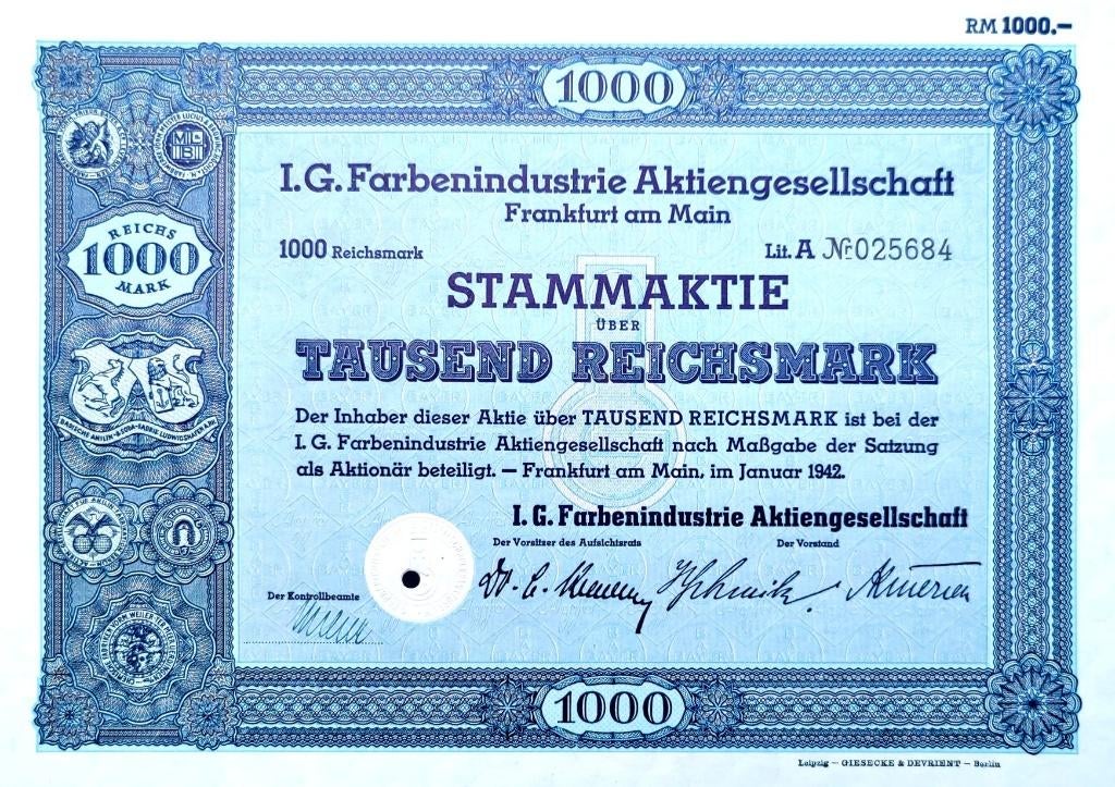 IG FARBEN aandeel (Zyklon B) 1942 uitgave!!, Postzegels en Munten, Aandelen en Waardepapieren, Ophalen of Verzenden, 1920 tot 1950