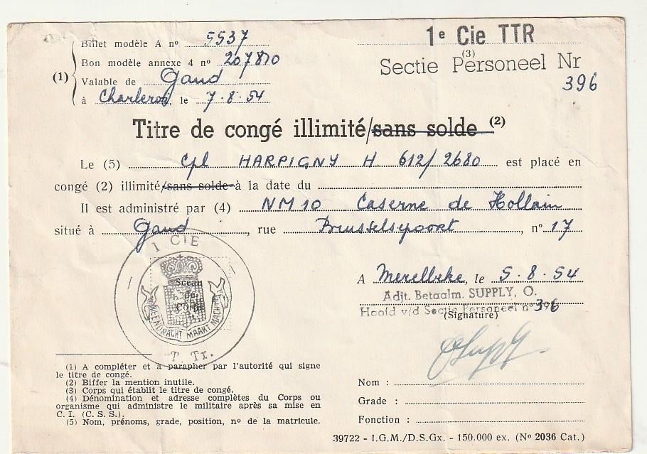 Titre congé illimité HARPIGNY Charleroi Caserne Hollain '54, Envoi, Autres, Autres types