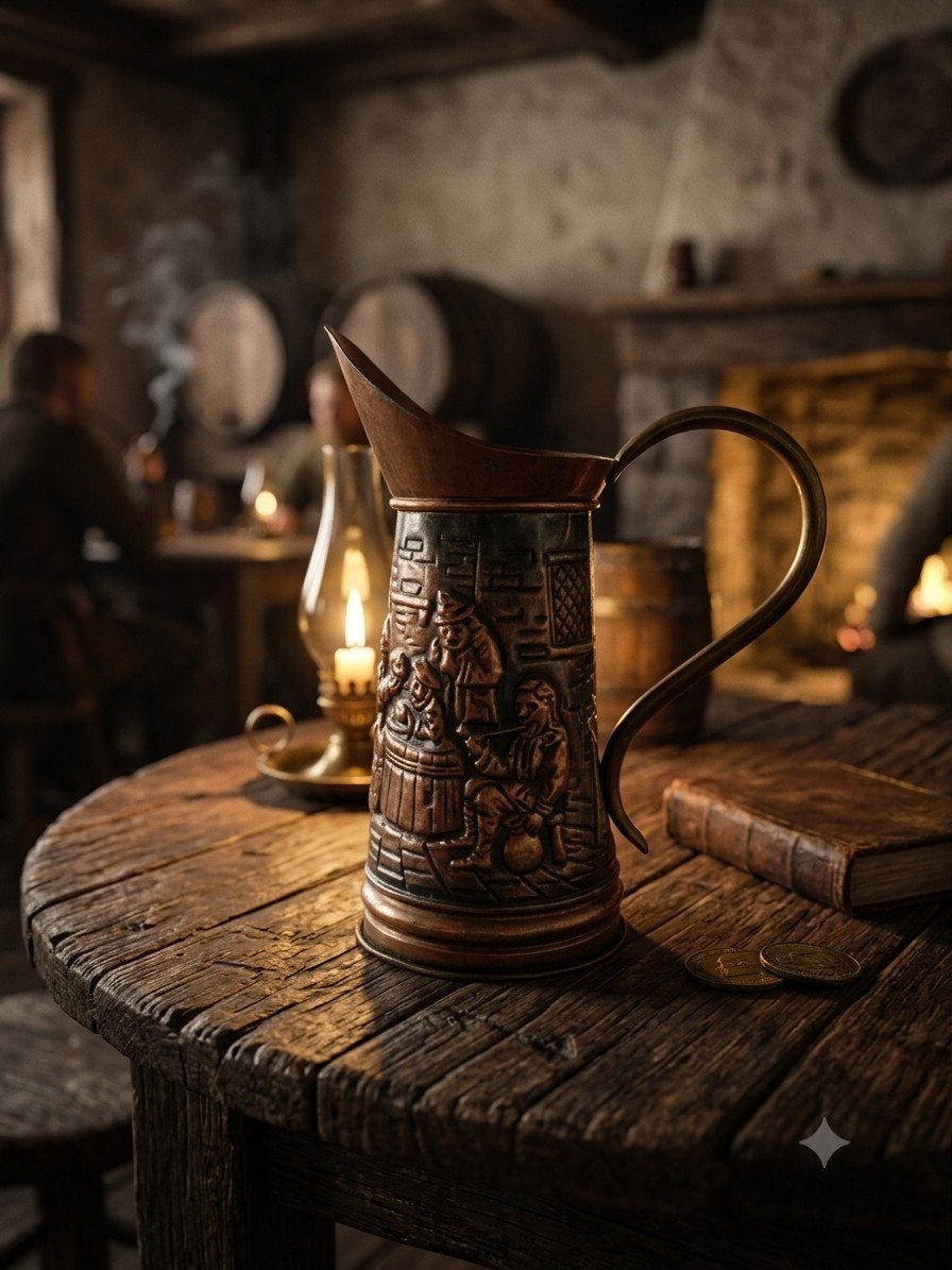 Pichet en cuivre et laiton – Scène de taverne flamande, Antiquités & Art, Enlèvement ou Envoi, Cuivre