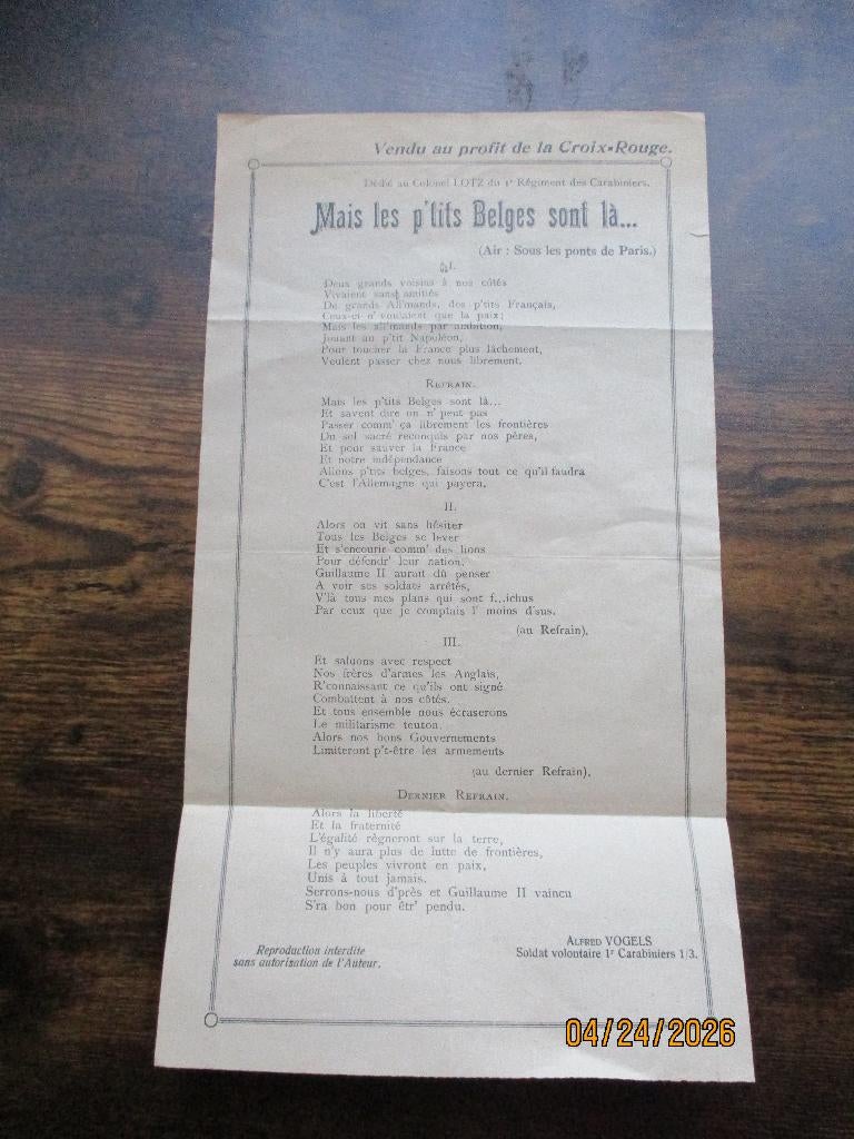 WW1 : Chanson pour le colonel Lotz 1 Reg Carabiniers, Collections, Envoi
