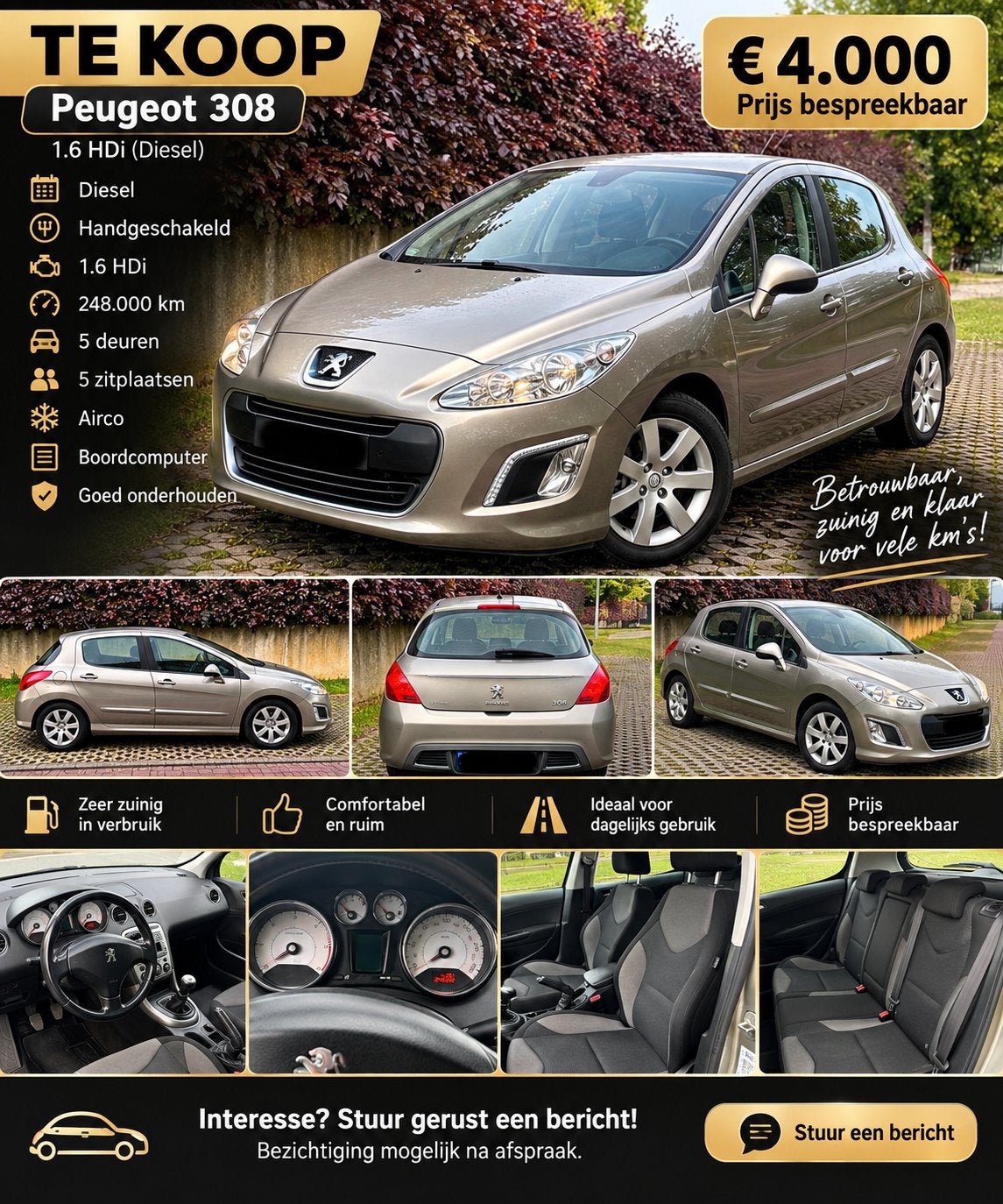 TE KOOP Peugeot 308 1.6 HDi Diesel, Euro 5, Stof, Parkeersensor, Overige kleuren