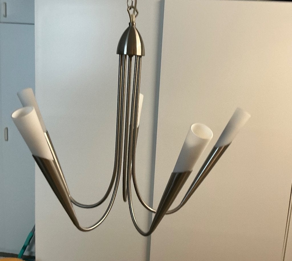 Mooie zilverkleurige hangluster, Ophalen, 50 tot 75 cm, Modern klassiek, Zo goed als nieuw