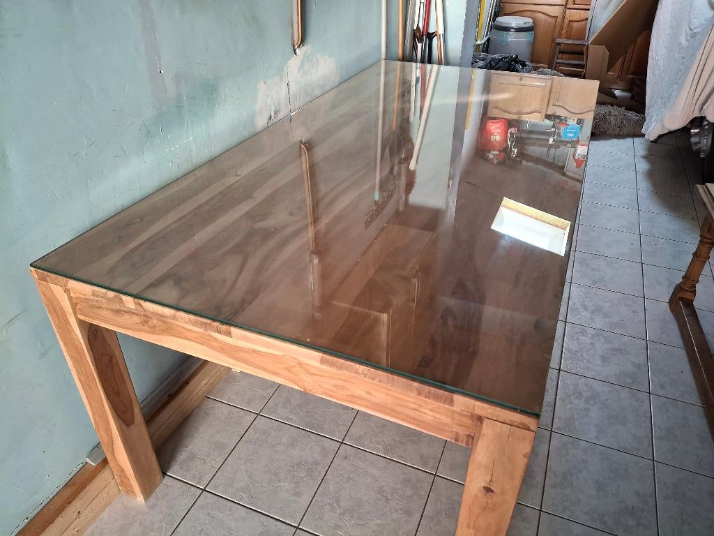 Eettafel met glazen beschermblad en 6 stoelen, salontafel, Huis en Inrichting, Ophalen, 200 cm of meer, 50 tot 100 cm, Zo goed als nieuw