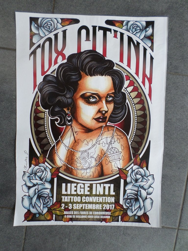 Tattoo convention Liège - affiche 60x40 - 2017, Enlèvement ou Envoi, Rectangulaire vertical, A1 jusqu'à A3, Utilisé