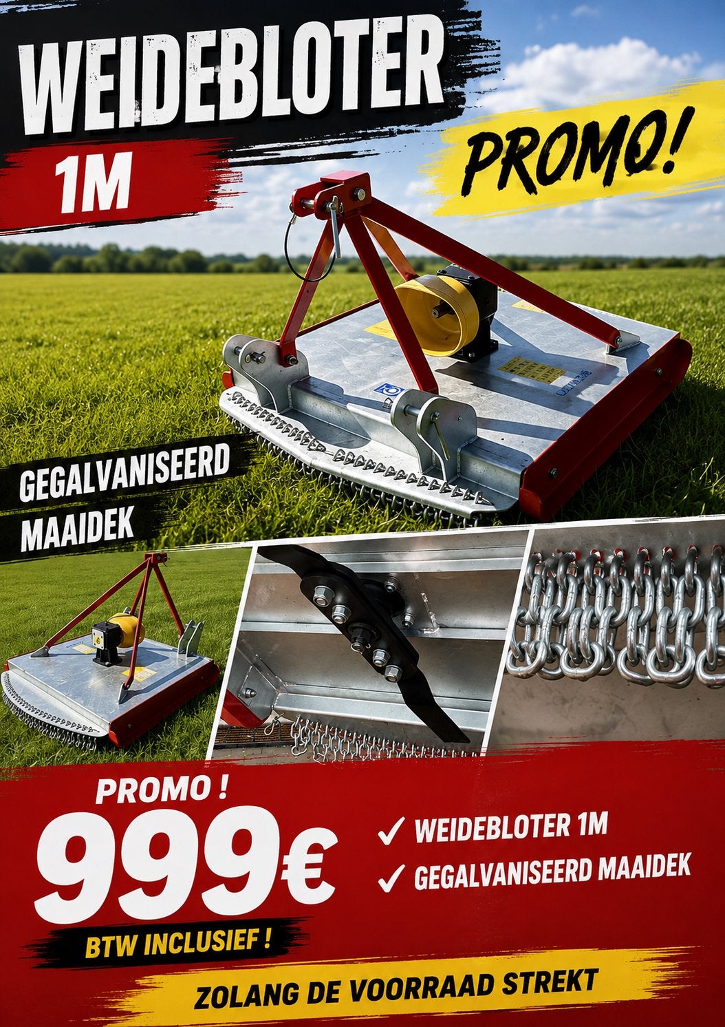 Nieuwe weidebloter 1m centrale uitworp, GALVA ! PROMO !!, Ophalen of Verzenden