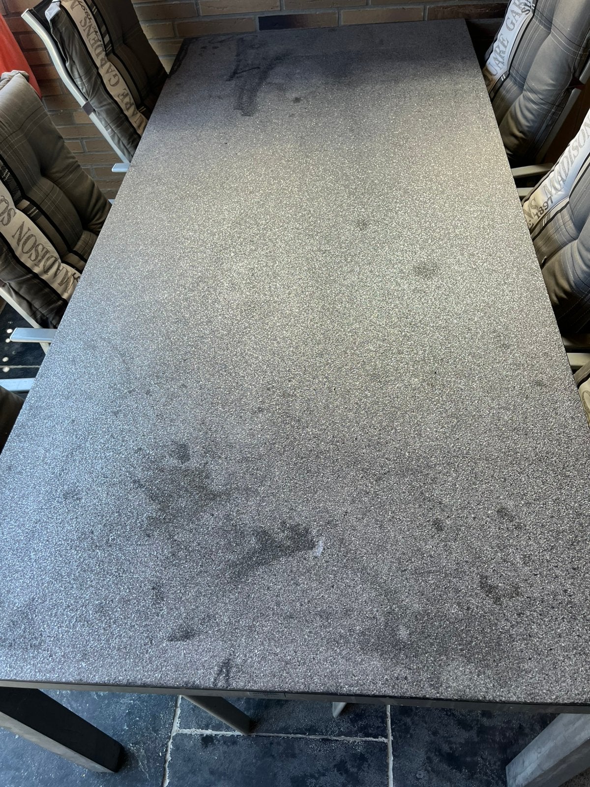 Tuintafel met 6 stoelen en kussens, Tuin en Terras, Tuintafels, Ophalen, Gebruikt, Rechthoekig, Overige materialen