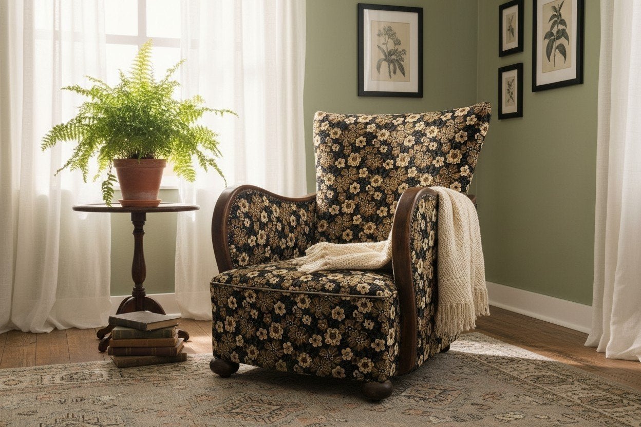 Vintage  bruine gebloemde fauteuil / cocktail stoel, Ophalen of Verzenden