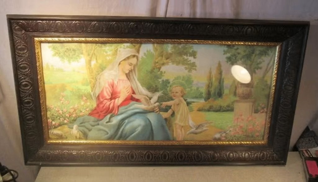 Prachtige Oude Prent 'Maagd Maria en Jezus' - 93x51, Antiek en Kunst, Ophalen of Verzenden