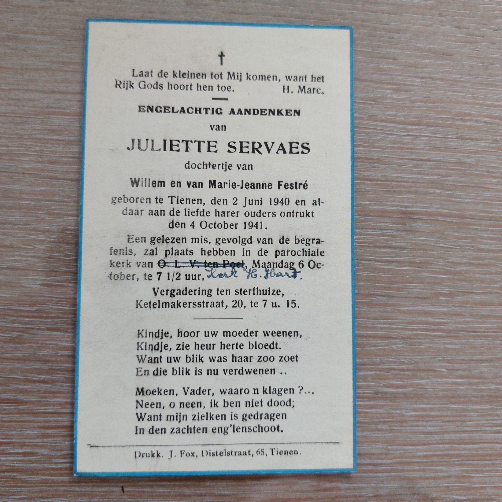 Oud bidprentje Tienen 1940-1941, Verzamelen, Bidprentjes en Rouwkaarten, Ophalen of Verzenden, Bidprentje