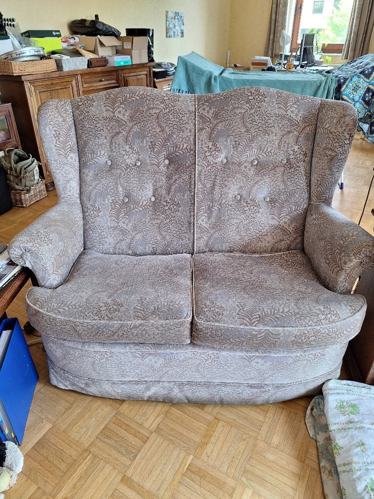 Fauteuils 2 pl + 1 pl + repose-pied, Maison & Meubles, Fauteuils, Utilisé, Bois, Tissus, Enlèvement