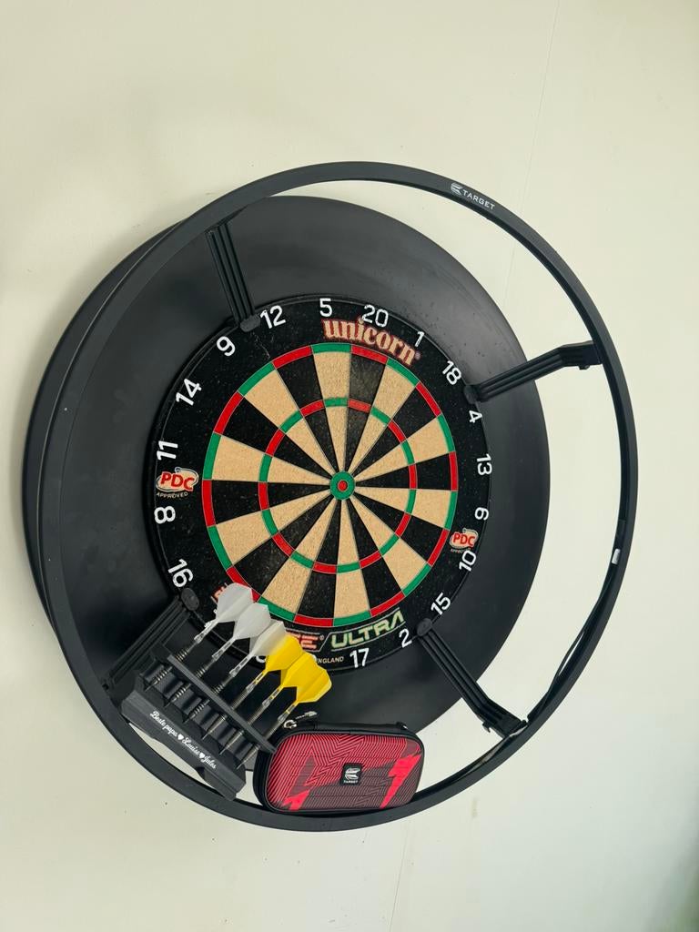 Dartbord + besherming + licht, Sport en Fitness, Darts, Ophalen, Zo goed als nieuw, Dartbord