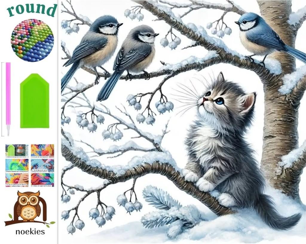 nr 597 Peinture au diamant Chat et oiseaux 40x40cm (rond), Neuf, Autocollant, Autres matériaux, Autres marques