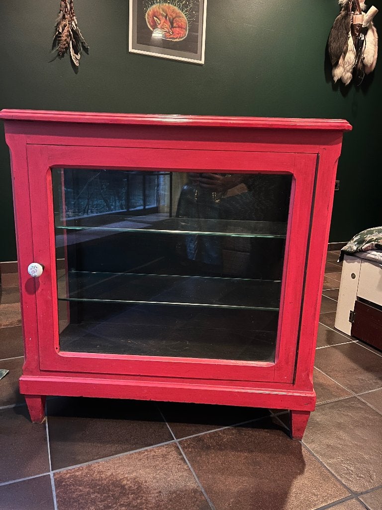 Vintage houten vitrine theekast met glas en hout, Enlèvement