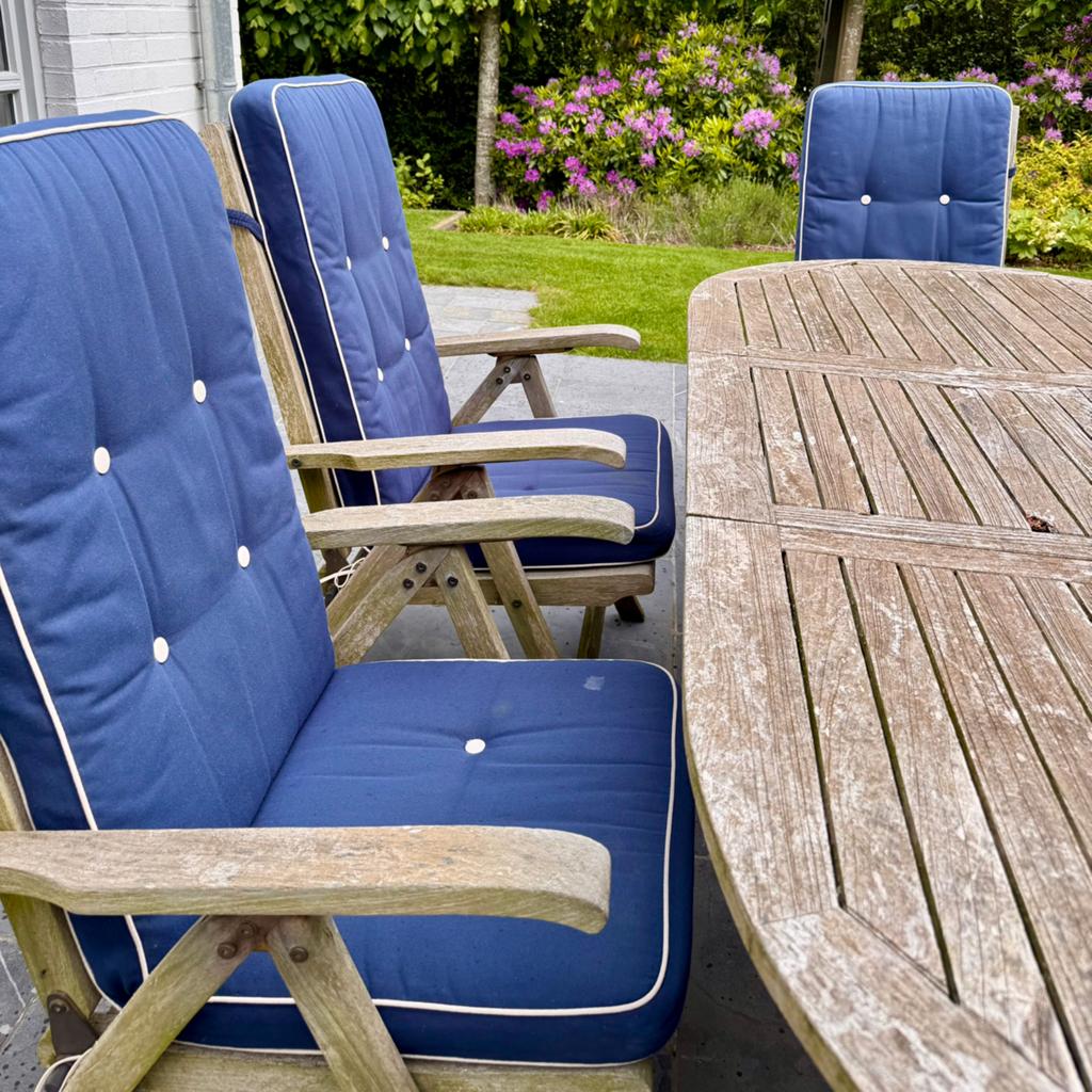 6 chaises de jardin en teck (y compris table et parasol), Enlèvement, Utilisé, Bois de teck, Pliant