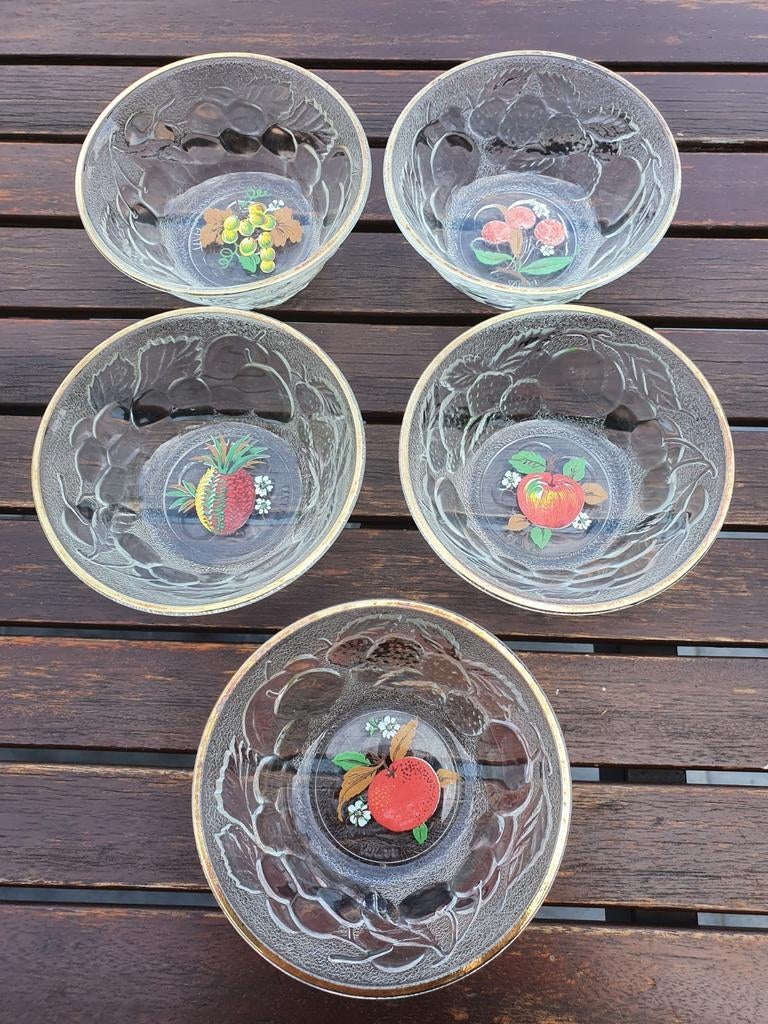 5 oude schalen met fruit, gouden rand, Ophalen of Verzenden