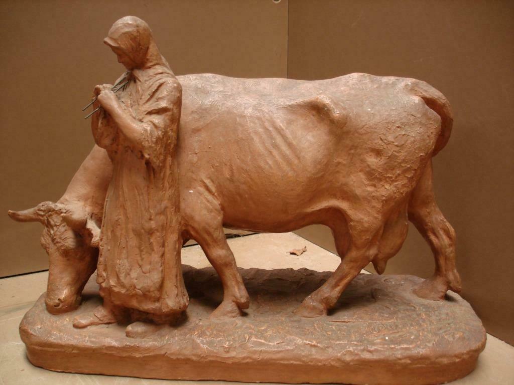 ERNEST BASTIN ca1900 terracotta koehoedster & koe gesigneerd, Antiek en Kunst, Kunst | Beelden en Houtsnijwerken, Ophalen