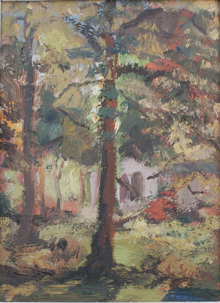 Albert Steel (1917-1984): Huis tussen de bomen (24 x 29 cm), Antiek en Kunst, Ophalen of Verzenden