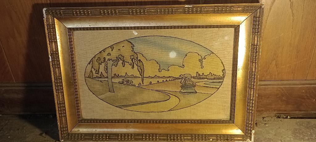 Broderie ancienne sous verre encadrée, 50x34, n197, Enlèvement ou Envoi, Utilisé, Broderies à la main, Autres types