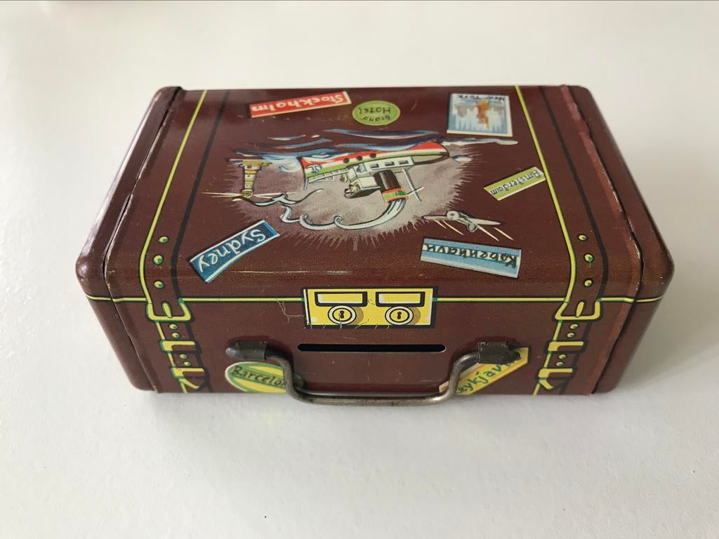 Retro blikken spaarpot reiskoffer koffer zonder sleutel, Verzamelen, Ophalen of Verzenden