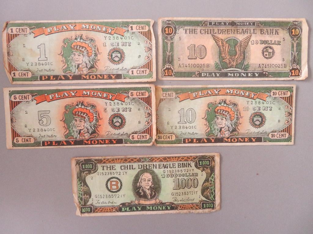 5 vintage biljetten Play Money Speelgeld Western Indiaan, Verzamelen, Foto's en Prenten, Ophalen of Verzenden, Zo goed als nieuw
