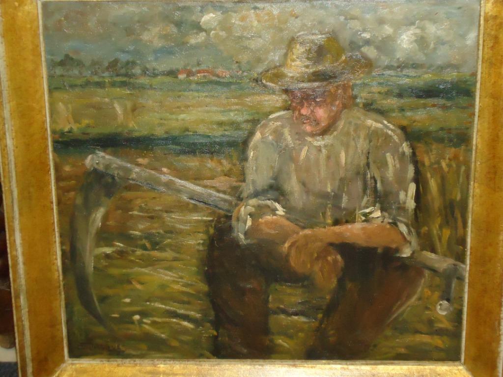EMIEL JACQUES olie/doek boer die zeis slijpt school TERVUREN, Ophalen