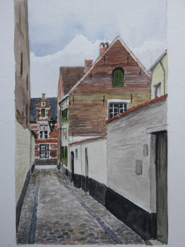 Aquarel "Begijnhof Lier" door L. Boschmans, Antiek en Kunst, Kunst | Schilderijen | Klassiek, Ophalen of Verzenden