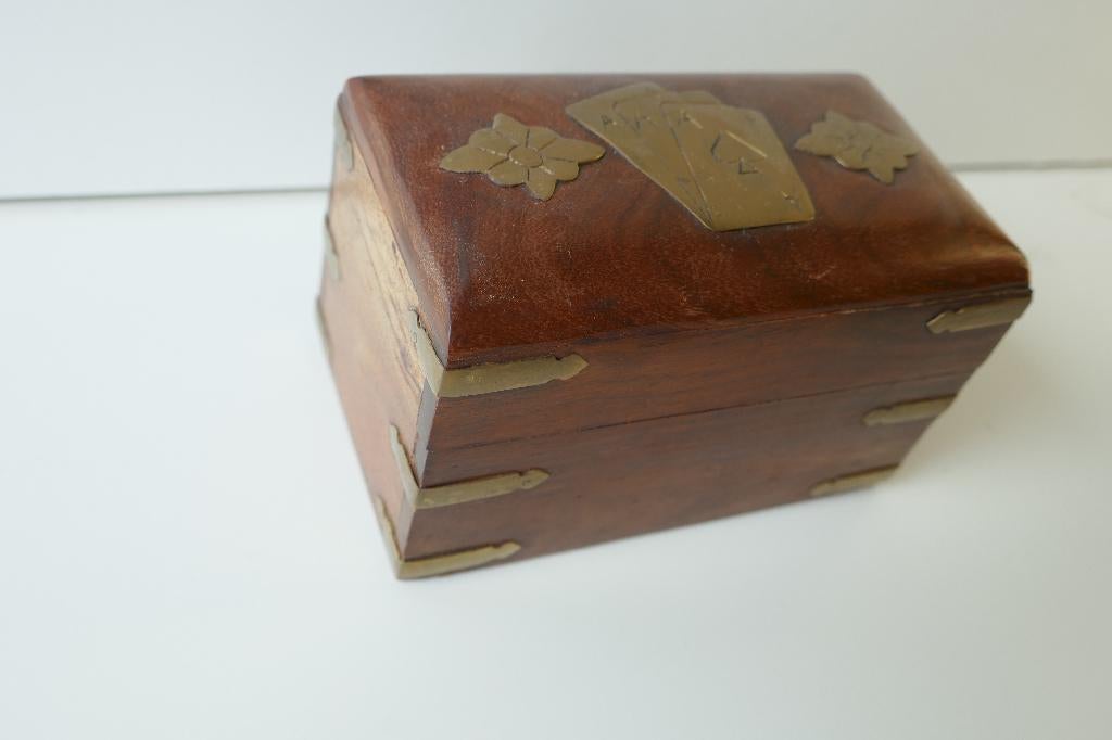 Engelse Speelkaartenbox in hardhout met messinginleg, Enlèvement ou Envoi, Utilisé