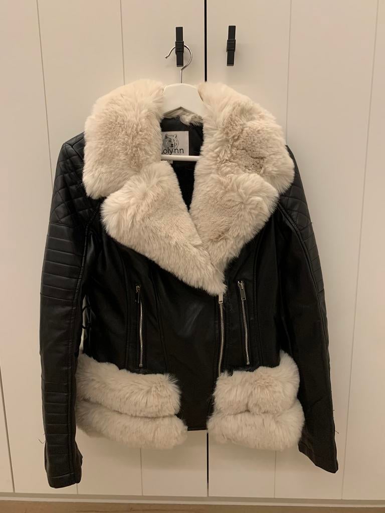Zwarte bikervest met ecru pels large, Kleding | Dames, Ophalen of Verzenden, Zo goed als nieuw