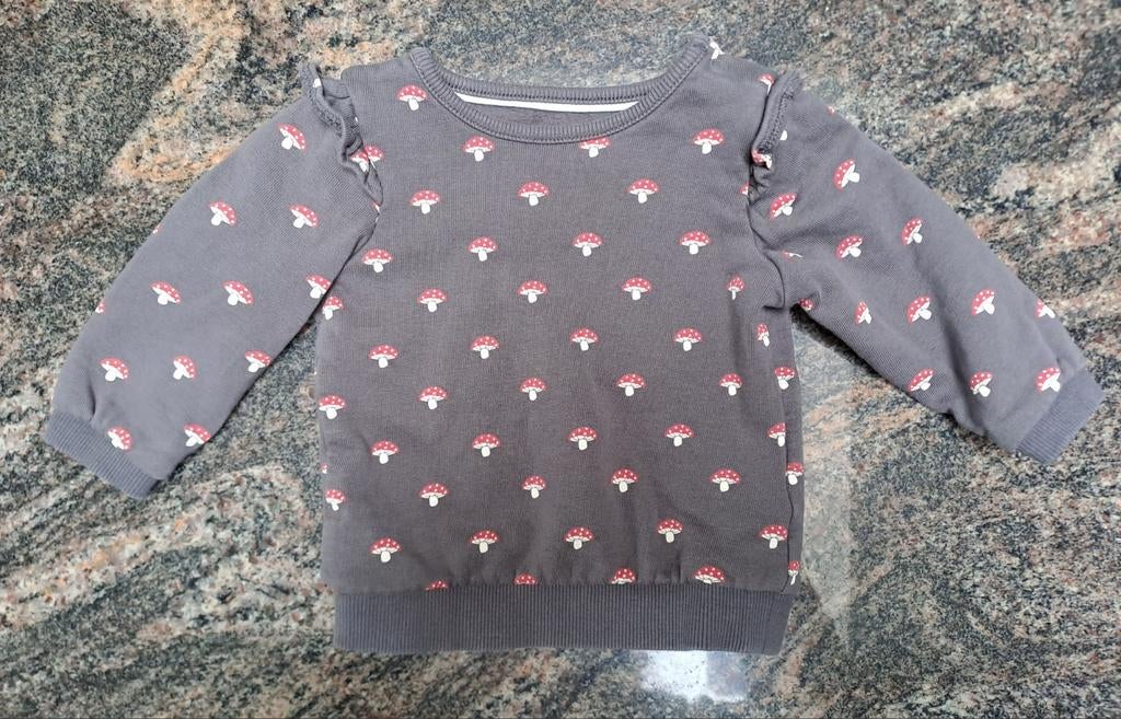 Mt 68 Grijze trui met ruches en vliegenzwammen, Kinderen en Baby's, Babykleding | Maat 68, C&A, Ophalen of Verzenden, Zo goed als nieuw