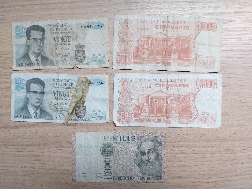 5 oude bankbiljetten België + Italië, Enlèvement ou Envoi, Billets en vrac