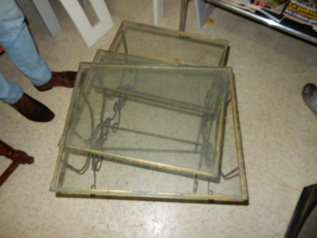 3 bijzettafels van smeedijzer en glas, vintage, Antiek en Kunst, Ophalen