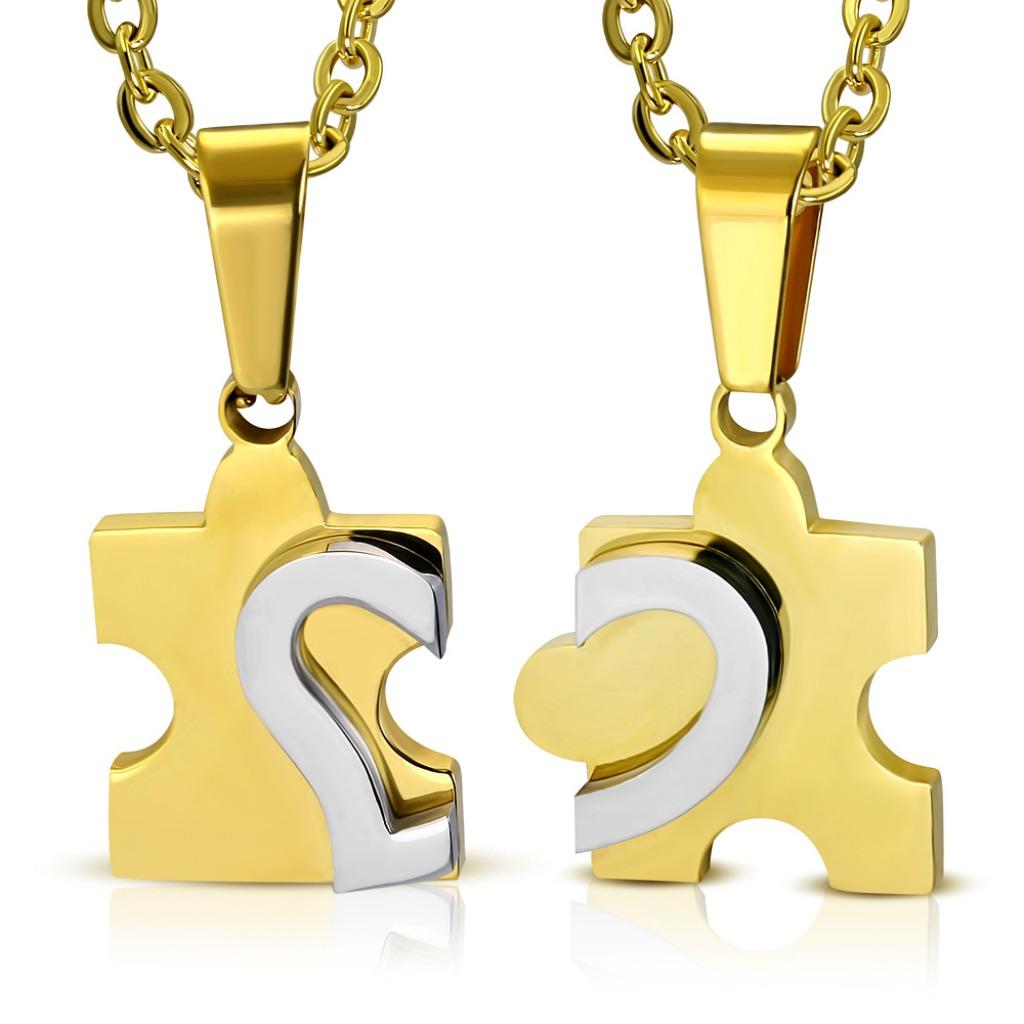 Pendentif design puzzle en acier doré avec cœur, Bijoux, Sacs & Beauté, Neuf, Enlèvement ou Envoi, Or, Autres matériaux