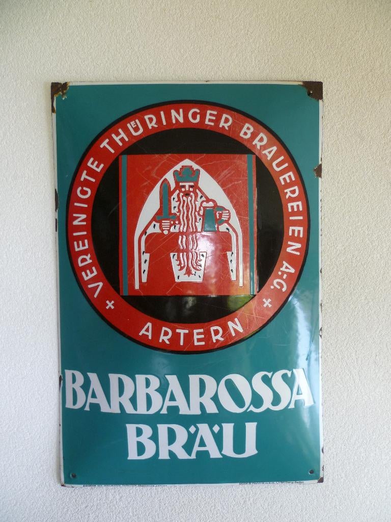 EMAILLE RECLAMEBORD"BARBAROSSA BRAU"UIT JAREN 30, Ophalen of Verzenden, Gebruikt, Reclamebord